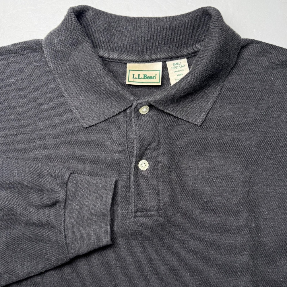 LL Bean Polo Shirt Mens Small Charcoal Gray Long Sleeve Cotton Made in USA Pique